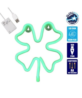 GloboStar® 78572 Φωτιστικό Ταμπέλα Φωτεινή Επιγραφή NEON LED Σήμανσης FOUR LEAF CLOVER 5W με Καλώδιο Τροφοδοσίας USB - Μπαταρίας 3xAAA (Δεν Περιλαμβάνονται) - Πράσινο